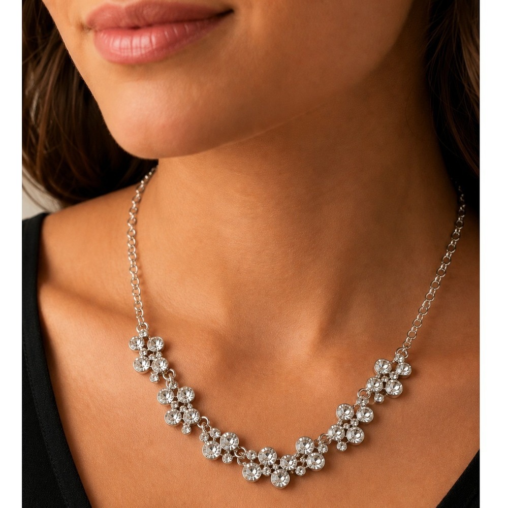 Paparazzi Silver Tone Crystal Rhinestone Statement Bib Necklace Cluster Glam